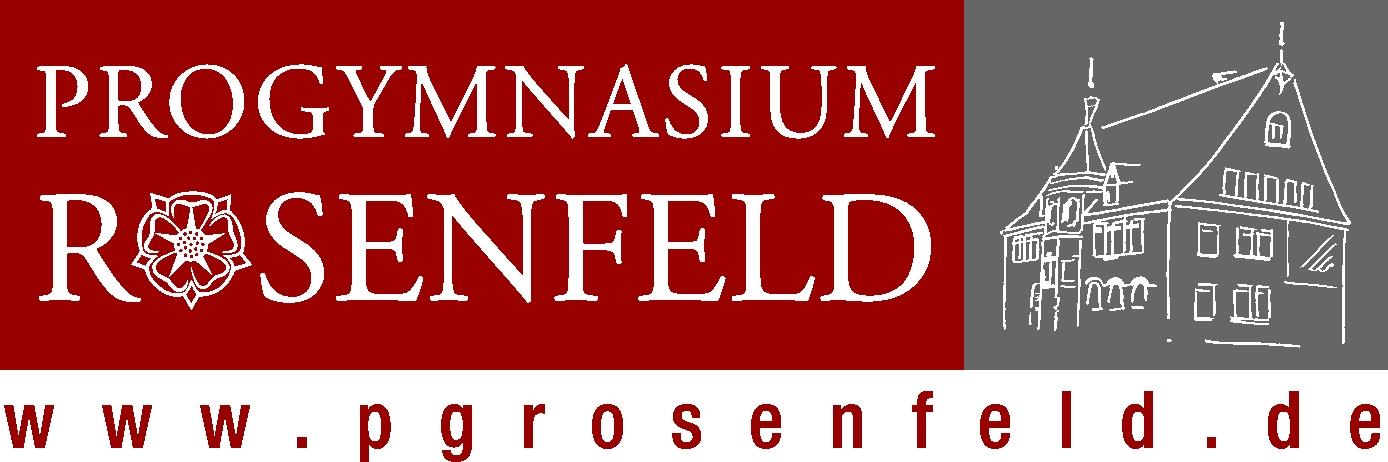 Logo Verein der Freunde und ehemaligen Schüler des Progymnasiums Rosenfeld e. V., dunkelroter Hintergrund mit der Aufschrift Progymnasium Rosenfeld, rechtdaneben
