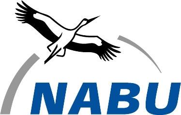 Logo Nabu, Storch in schwarz weiß darunter in blau die Schrift NABU