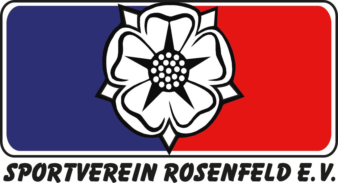 Logo Sportverein Rosenfeld 1920 e. V., Rechteck auf der linken Seite blau und auf der rechten Seite rot darunter die Schrift Sportverein Rosenfeld e. V.