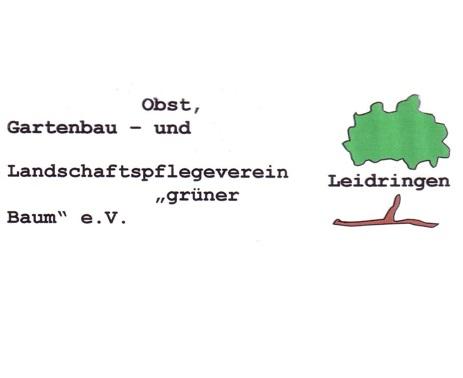 Logo Obst-, Gartenbau und Landschaftspflegeverein "Grüner Baum", Leidringen, Schwarze Schrift Obst-, Gartenbau und Landschaftspflegeverein "Grüner Baum", Leidringen rechts daneben ein Baum