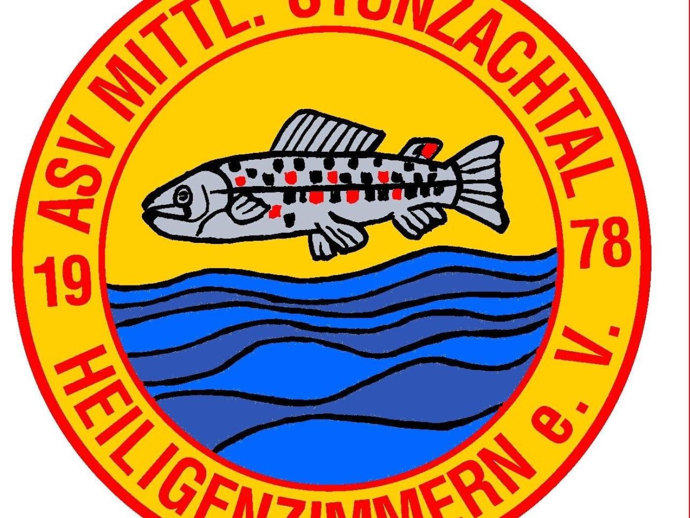 Logo Angelsportverein Mittleres Stunzachtal Heiligenzimmern e. V. Gelber Kreis mit roter Aufschrift ausenrum Angelsportverein Mittleres Stunzachtal Heiligenzimmern e. V. in der mitte blaues Wasser un darüber ein Fisch