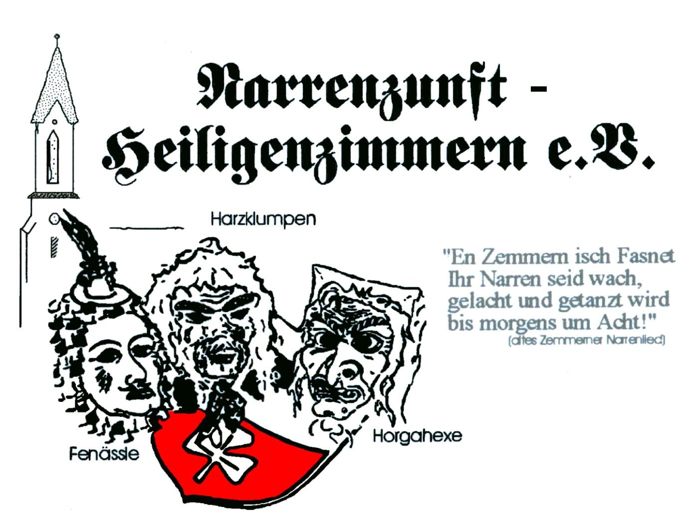 Logo Narrenzunft Harzklumpen Heiligenzimmern e. V., drei gemalte Narrenfiguren von Heiligenzimmern