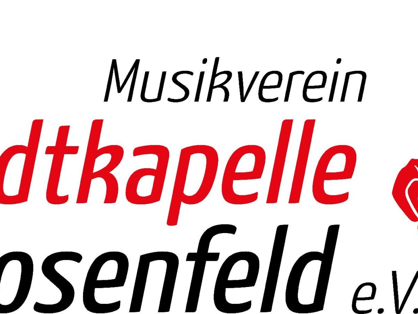 Logo Musikverein Stadtkapelle Rosenfeld e. V., links Schrift in schwarz Musikverein darunter Schrift in rot Stadtkapelle darunter Schrift schwarz Rosenfeld e.V. rechts daneben rote Note