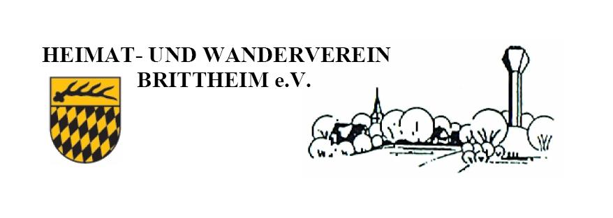 LogoLinks das Wappen von Brittheim darüber die Schrift Heimat- und Wanderverein Brittheim e. V. und rechts daneben eine gemalte Ansicht von Brittheim mit Blick auf den Wassertur