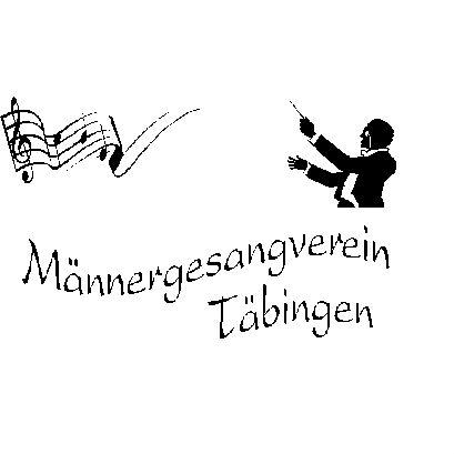 Logo Männergesangverein Täbingen e. V., oben links Notenzeilen mit Notenschlüssel und 3 Noten, rechts daneben ein Dirigent und darunter die Schrift Männergesangverein Täbingen e. V.