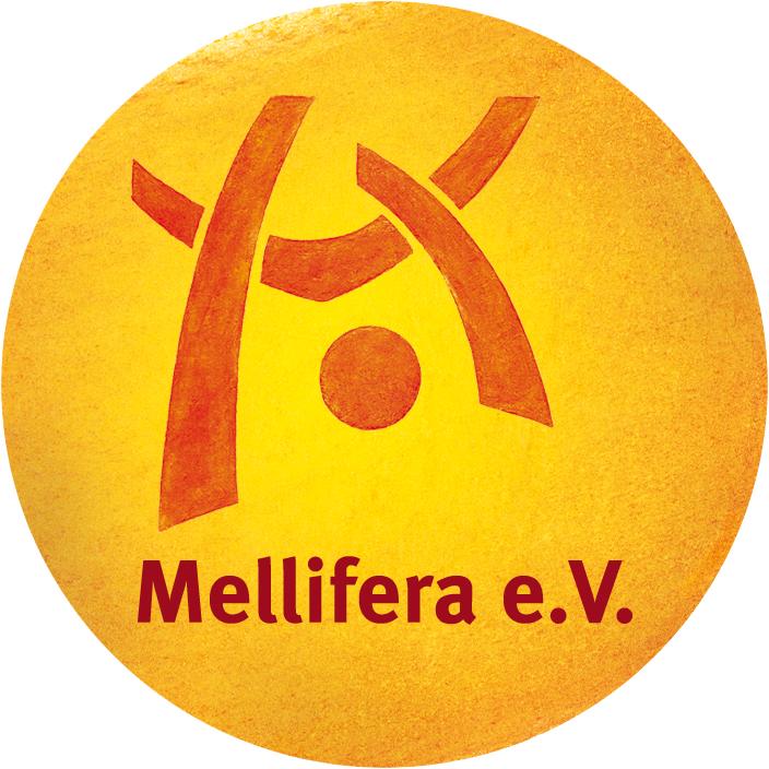 Logo Mellifera e.V., Runder Kreis mit Farbverlauf von orange zu gelb, oberhalb im Kreis ist ein Symbol in orange und darunter die Schrift Mellifera e.V.