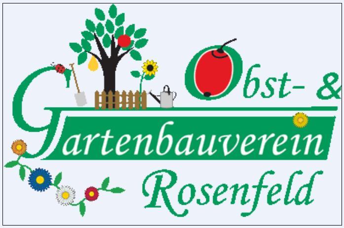 Logo Obst- und Gartenbauverein Rosenfeld, Schrift Obst- und Gartenbauverein Rosenfeld Darüber ist ein Baum, ein Gartenzaun, eine Sonnenblume und eine Gießkanne zu stehen